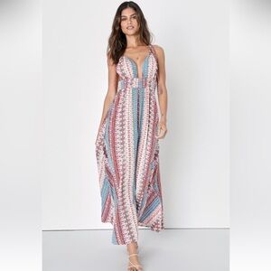 Lulus Maxin' Relaxin' Blue Multi Print Sleeveless Tie-Strap Maxi Dress